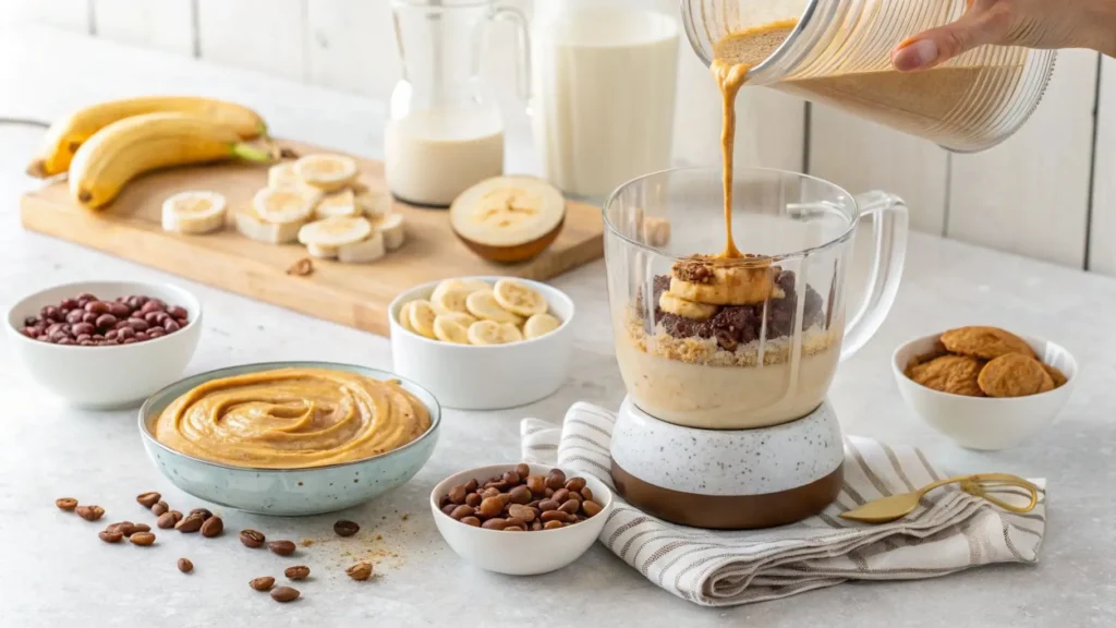 Blending ingredients for a peanut butter smoothie bowl.