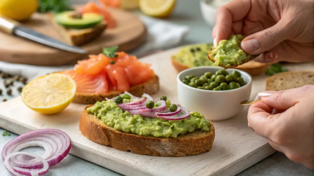 Hands spreading mashed avocado on toasted sourdough.