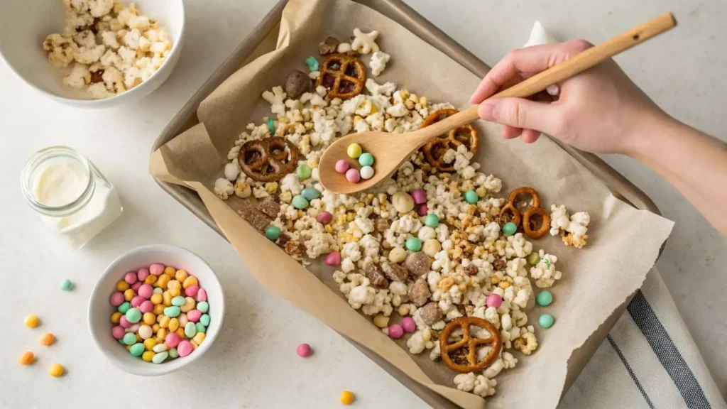 Top-down view of Bunny Bait mix on a baking sheet with a spoon mixing popcorn, pretzels, M&Ms, and white chocolate drizzle.