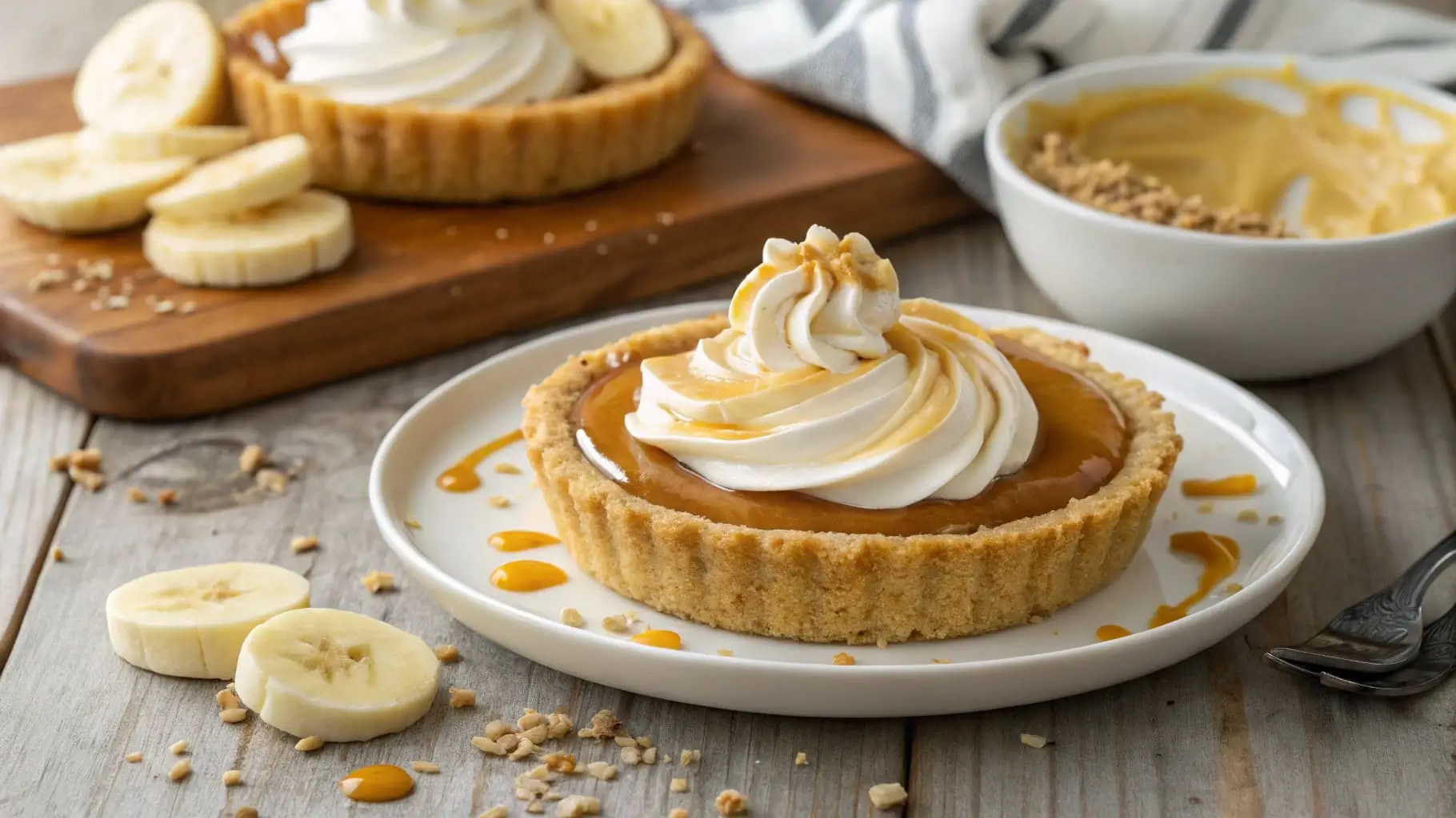 Mini banana cream pies with whipped cream and caramel drizzle on a wooden table