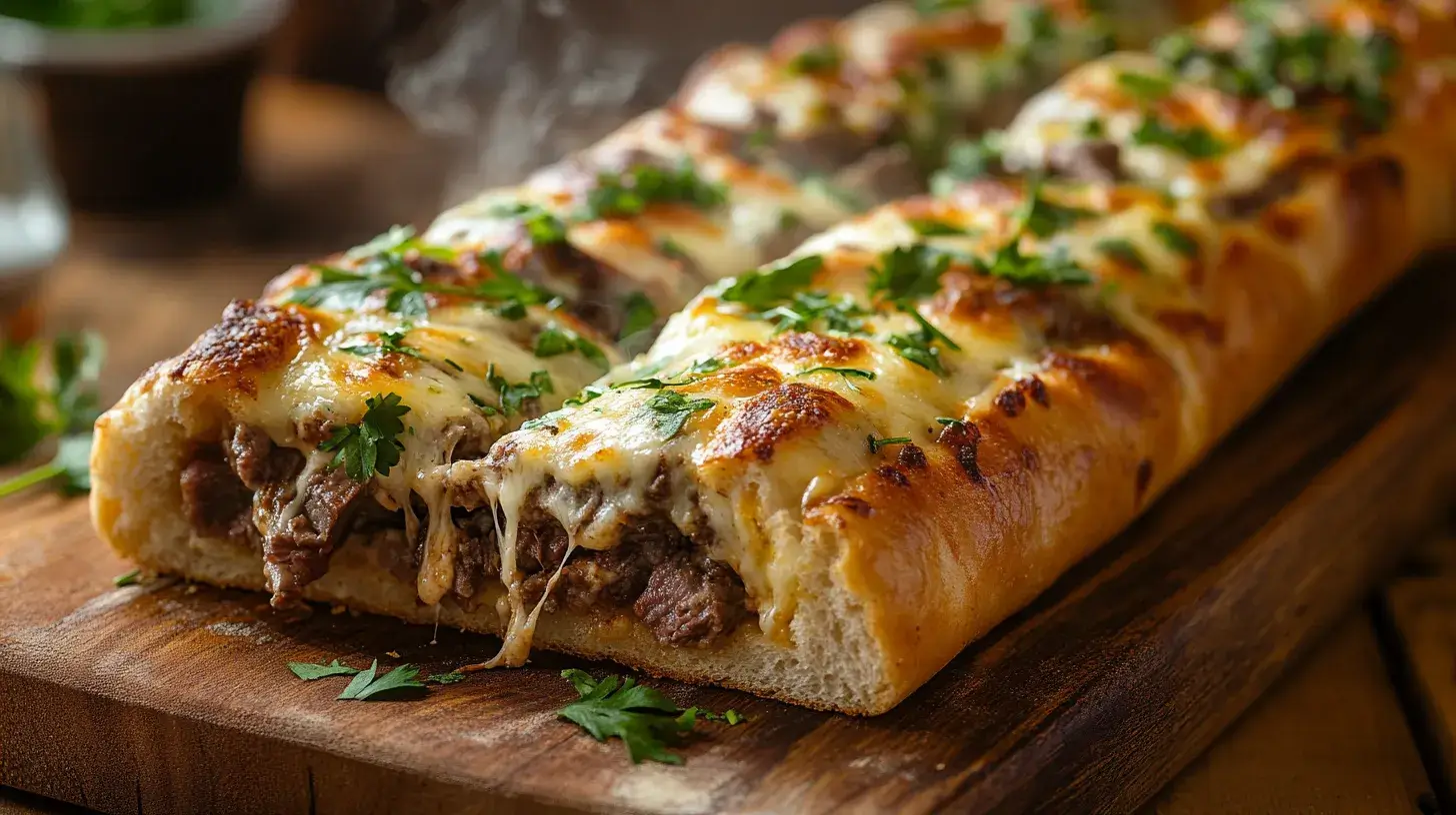 Philly Cheesesteak Stuffed Cheesy Breadstickswith melted cheese and steak filling