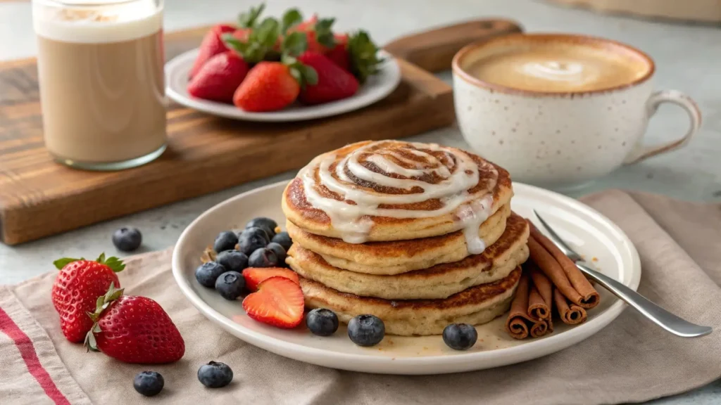 Cinnamon Roll Pancakes Served with Fresh Berries and Chai Latte
