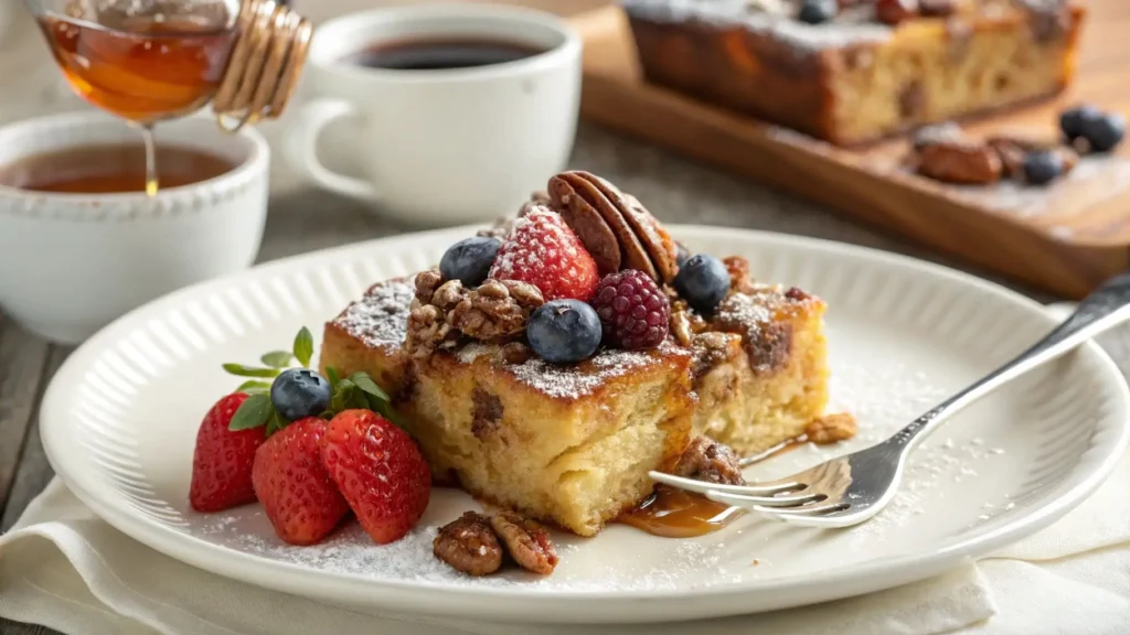 A plated serving of Maple Pecan French Toast Bake with fresh berries, maple syrup, and powdered sugar