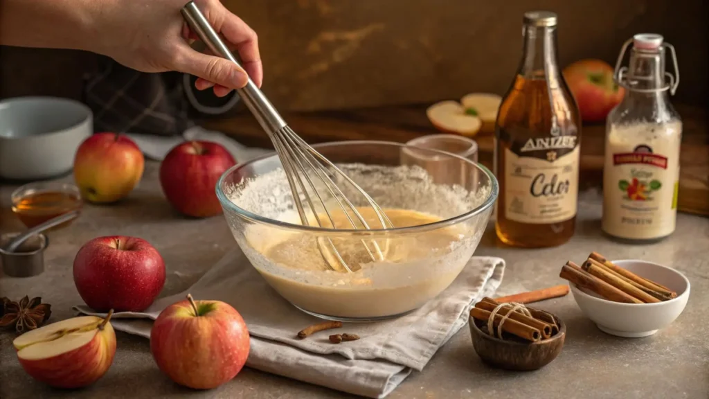 Whisking apple cider muffin batter in a bowl with cinnamon and apples.