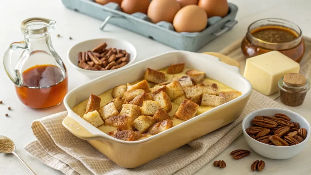 A baking dish filled with cubed brioche bread soaking in a maple-cinnamon custard.