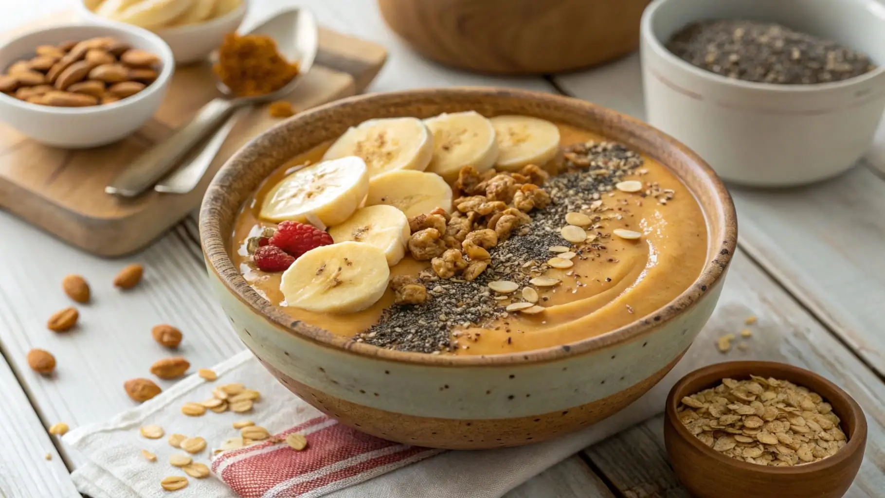 Thick, creamy protein-packed peanut butter smoothie bowl with banana slices and granola.