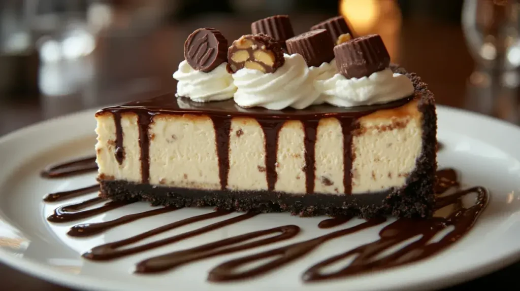 A beautifully plated slice of Reese’s cheesecake with chocolate drizzle