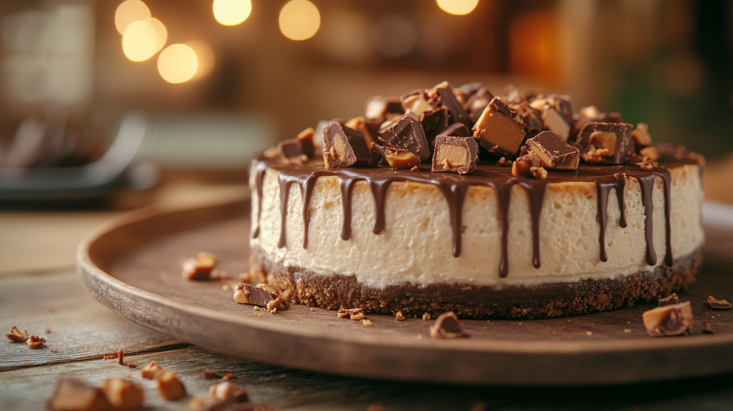 Decadent Reese’s cheesecake with chocolate ganache and peanut butter cups