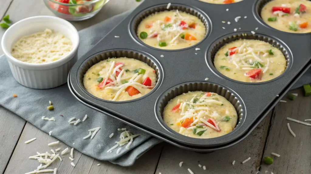 Savory Parmesan Egg Muffins batter in muffin tin before baking.