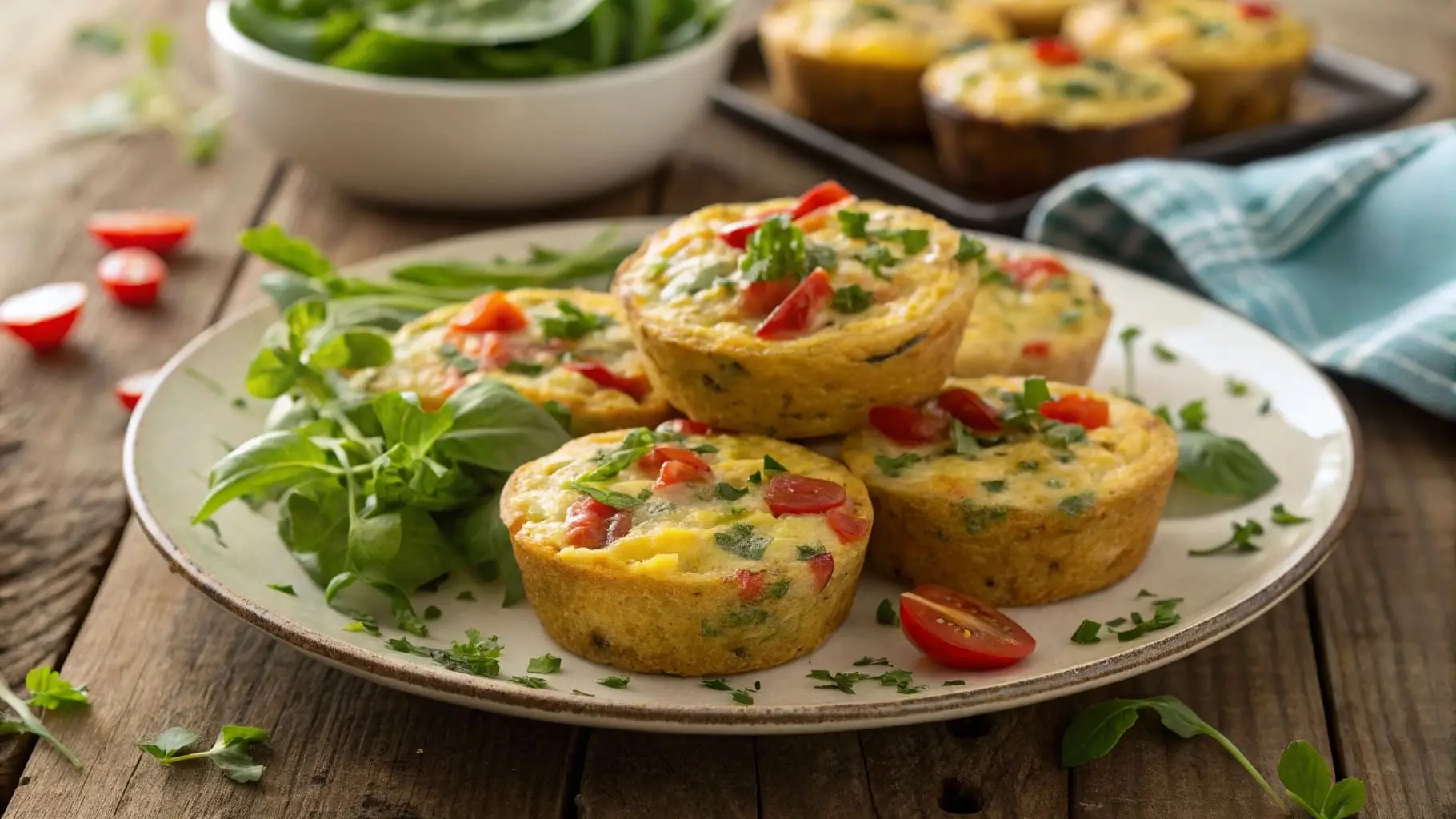 Savory Parmesan Egg Muffins served with herbs and vegetables.