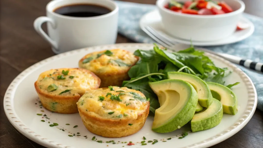 Savory Parmesan Egg Muffins served with avocado and salad