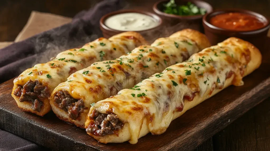 Baked Philly Cheesesteak Stuffed Cheesy Breadsticks with dipping sauces