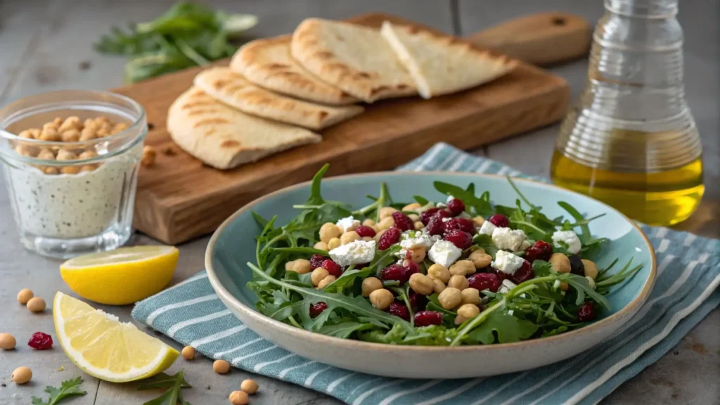 A plated serving of feta and cranberry chickpea salad with pita bread.