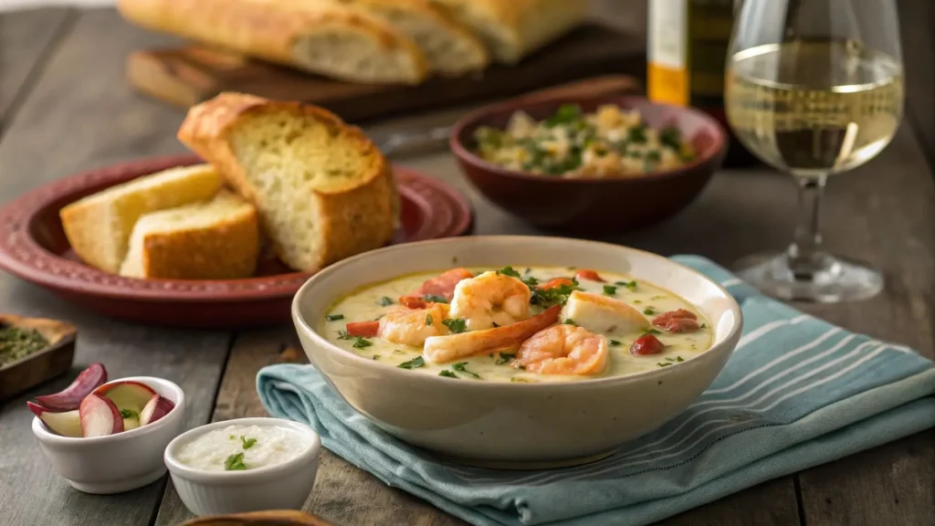 A bowl of shrimp chowder served with garlic bread and wine.