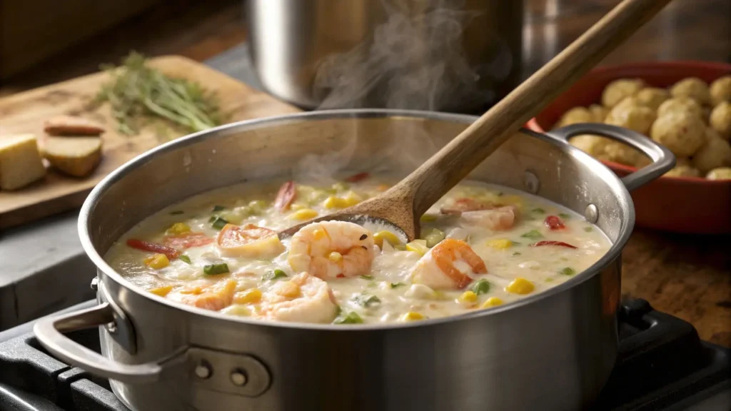 A pot of shrimp chowder cooking on a stovetop.