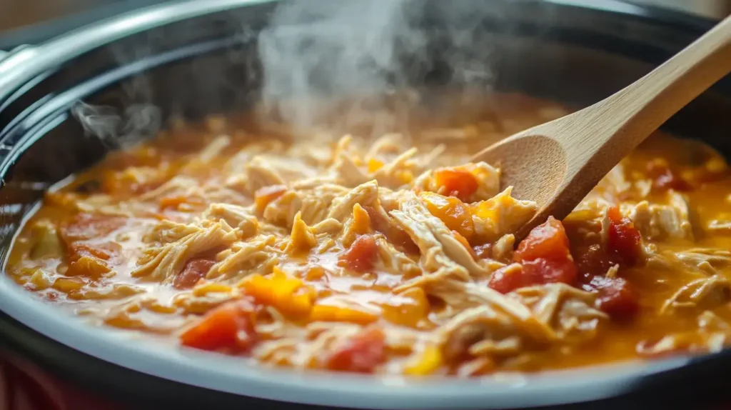 Slow cooker filled with shredded chicken and creamy queso sauce
