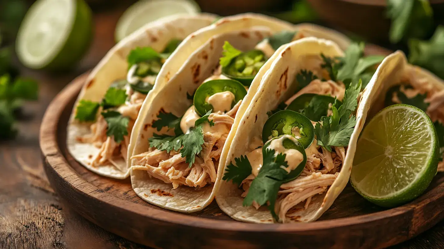 Slow Cooker Queso Chicken Tacos with melted cheese and toppings