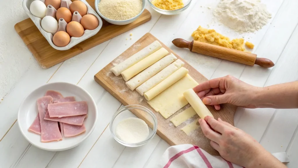 Wrapping mozzarella cheese with ham for Ham and Cheese Sticks