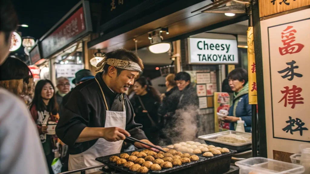 apanese street vendor making cheesy takoyaki in a busy Osaka food market.