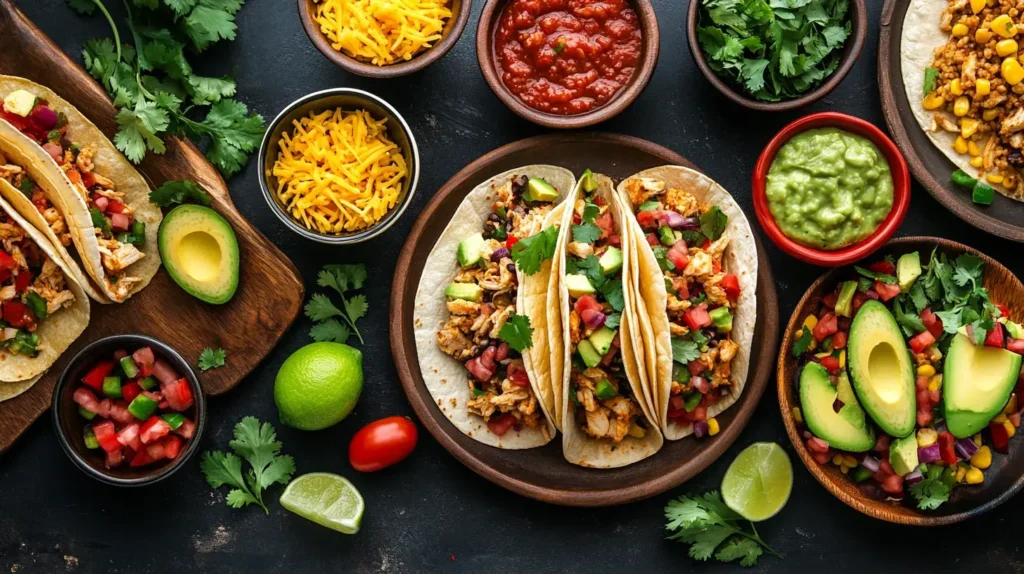 Taco bar setup with Slow Cooker Queso Chicken Tacos and toppings