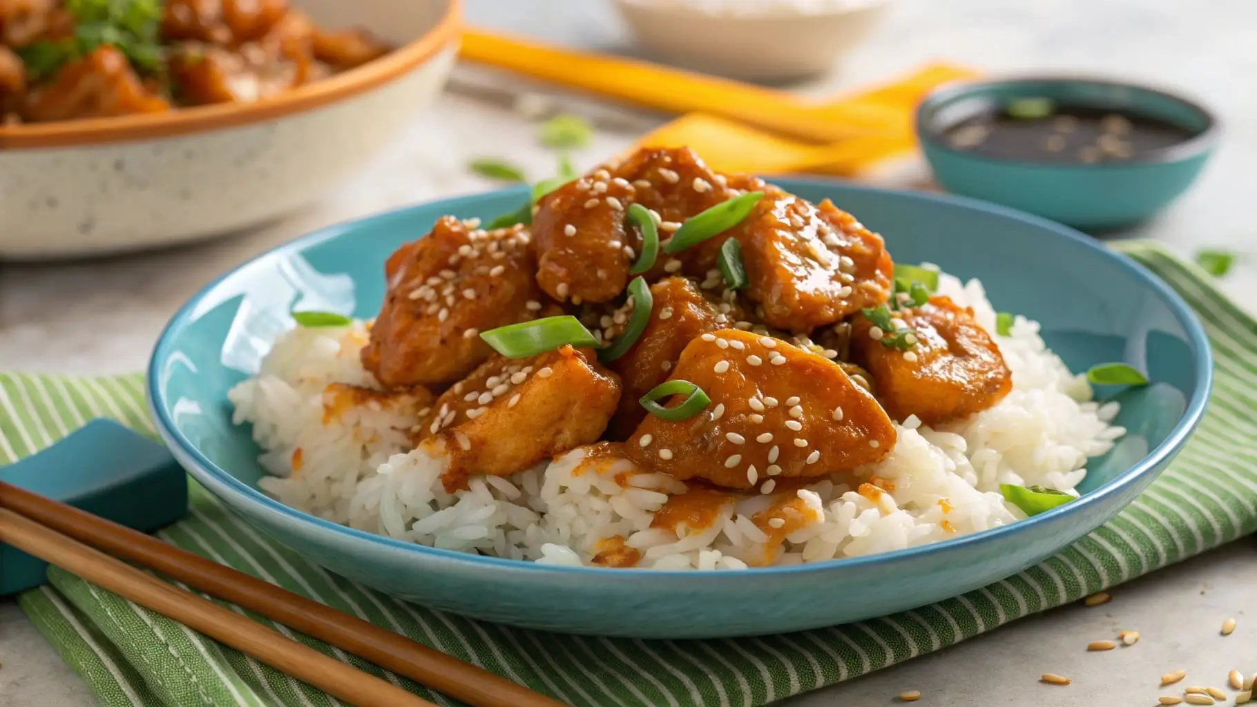 A plate of crispy 4-ingredient Orange Chicken with rice, sesame seeds, and green onions in a black ceramic bowl.