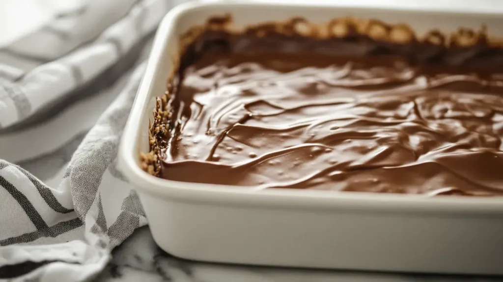 A baking dish with freshly made No-Bake Peanut Butter Buckeye Bars.