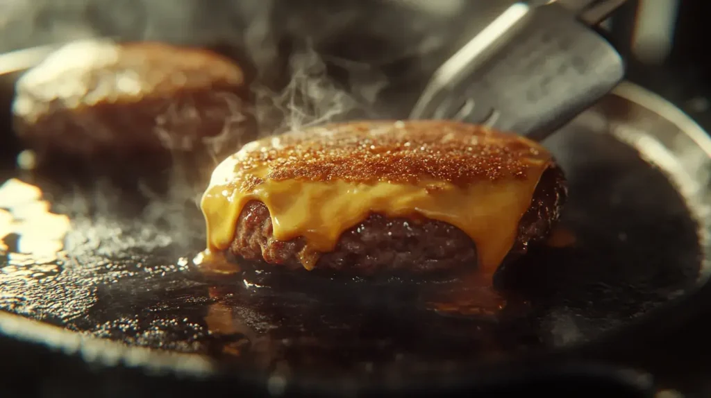 Smash burger patties sizzling in a cast-iron skillet with melted cheese