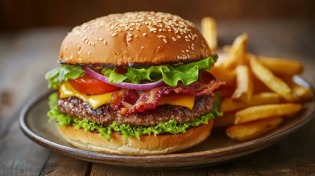 Assembled Baconnaise Smash Burger with toppings and fries
