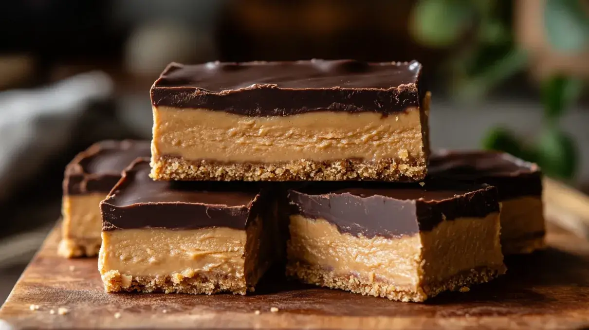 A stack of No-Bake Peanut Butter Buckeye Bars with a chocolate topping.