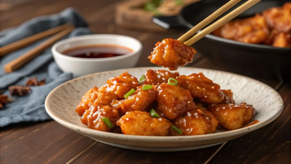 A plated serving of 4-ingredient Orange Chicken with a piece being lifted by chopsticks, highlighting the thick, sticky glaze.