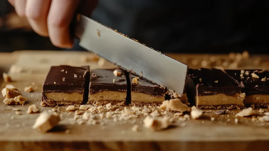 A sharp knife slicing through chilled No-Bake Peanut Butter Buckeye Bars.