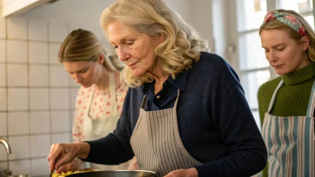 Aunt Margaret cooking in the kitchen with her assistants, passing down traditional family recipes.
