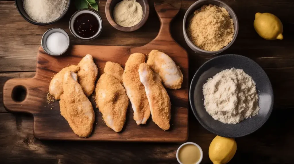 Ingredients for crispy lemon pepper chicken tenders laid out.