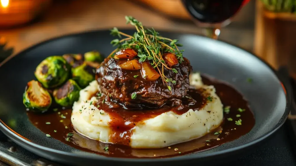 Plated braised beef cheeks with mashed potatoes