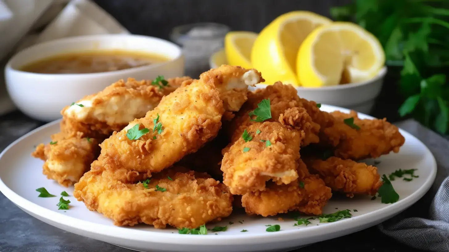 Crispy lemon pepper chicken tenders on a white plate with lemon wedges.