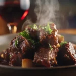 Braised beef cheeks served with red wine reduction.