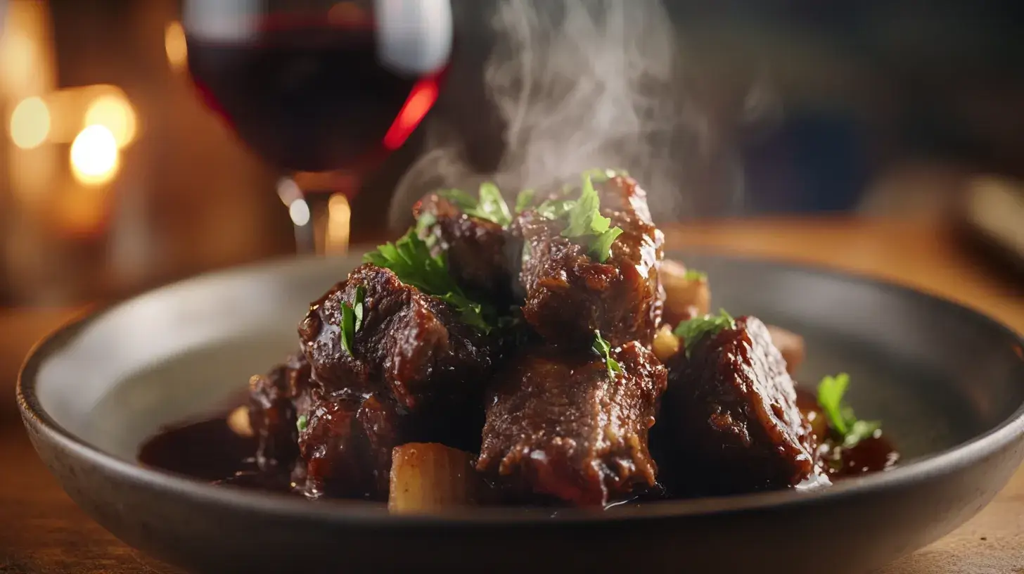 Braised beef cheeks served with red wine reduction.