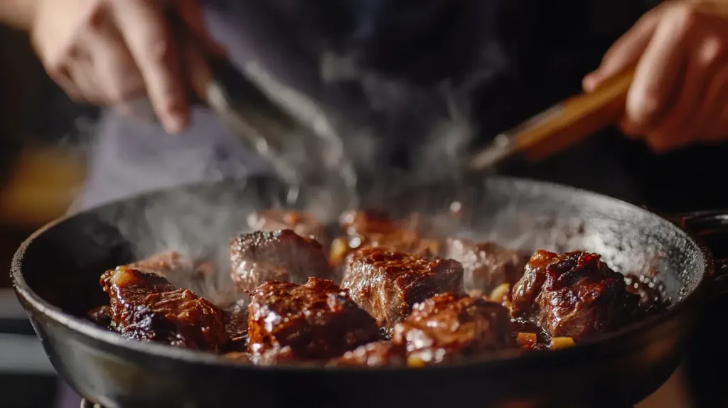 Beef cheek meat searing in a Dutch oven.