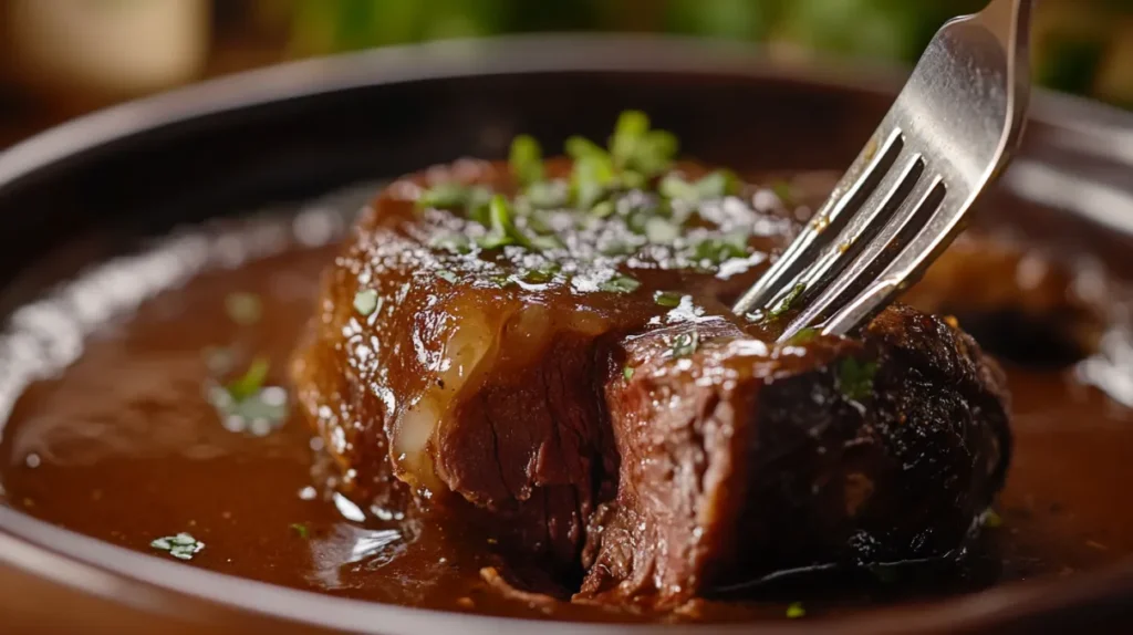  Tender braised Beef cheek meat cut open with a fork.