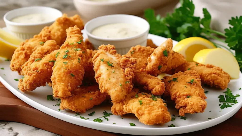 Crispy lemon pepper chicken tenders served with dipping sauces.