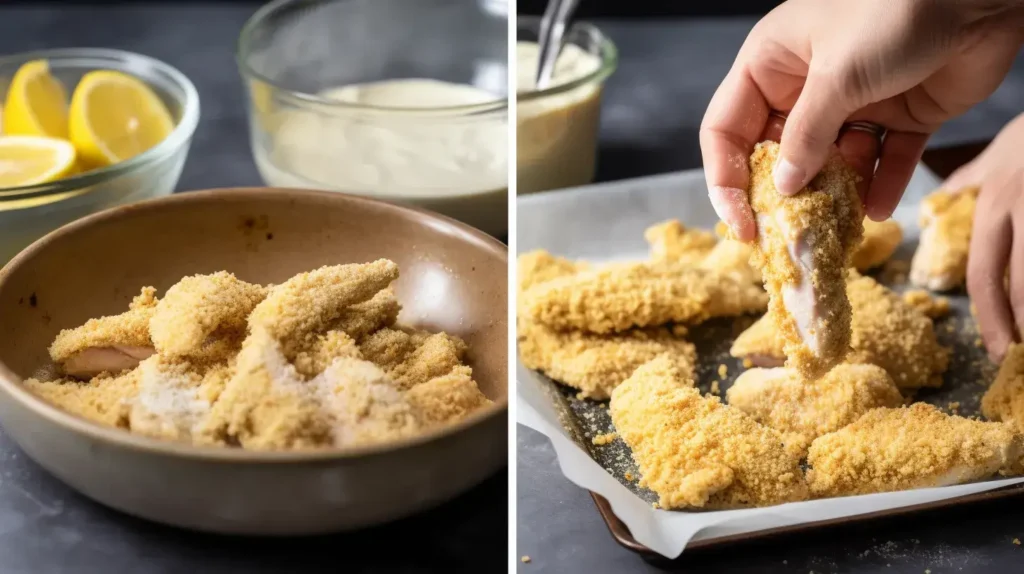 Step-by-step process of coating crispy lemon pepper chicken tenders.